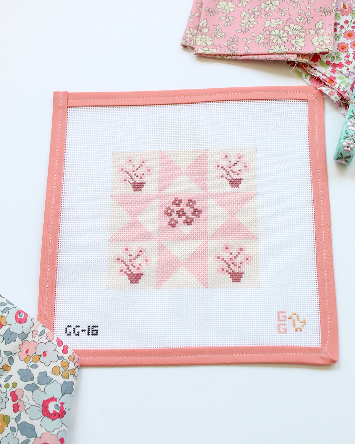 Pink Floral Quilt Block Needlepoint Canvas